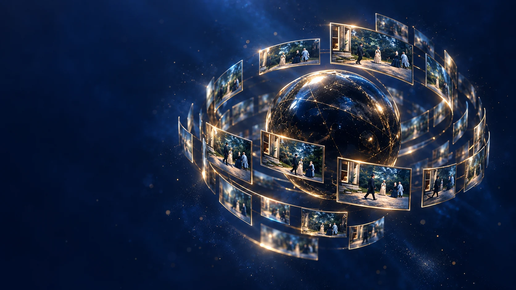 A luminous blue globe surrounded by layered cinematic scenes